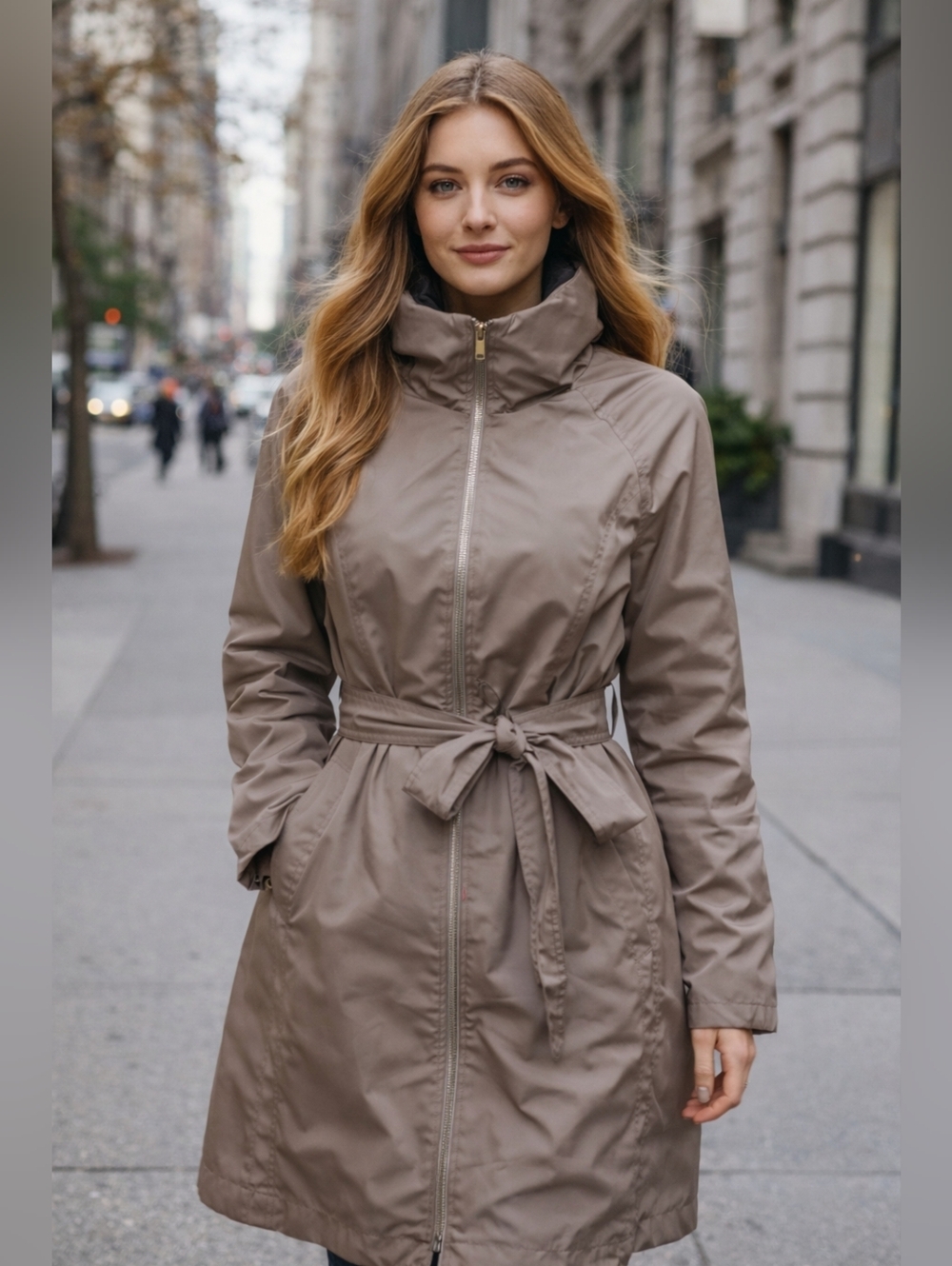 Esprit Trench Coat Taupe Belted Zip‑Front  Minamalist Chic Size 8